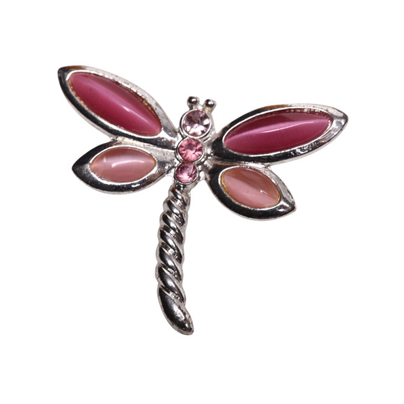 Silver Tone And Pink Crystal Dragonfly Brooch With Safety Clasp Closure - 1.75" - Picture 1 of 3